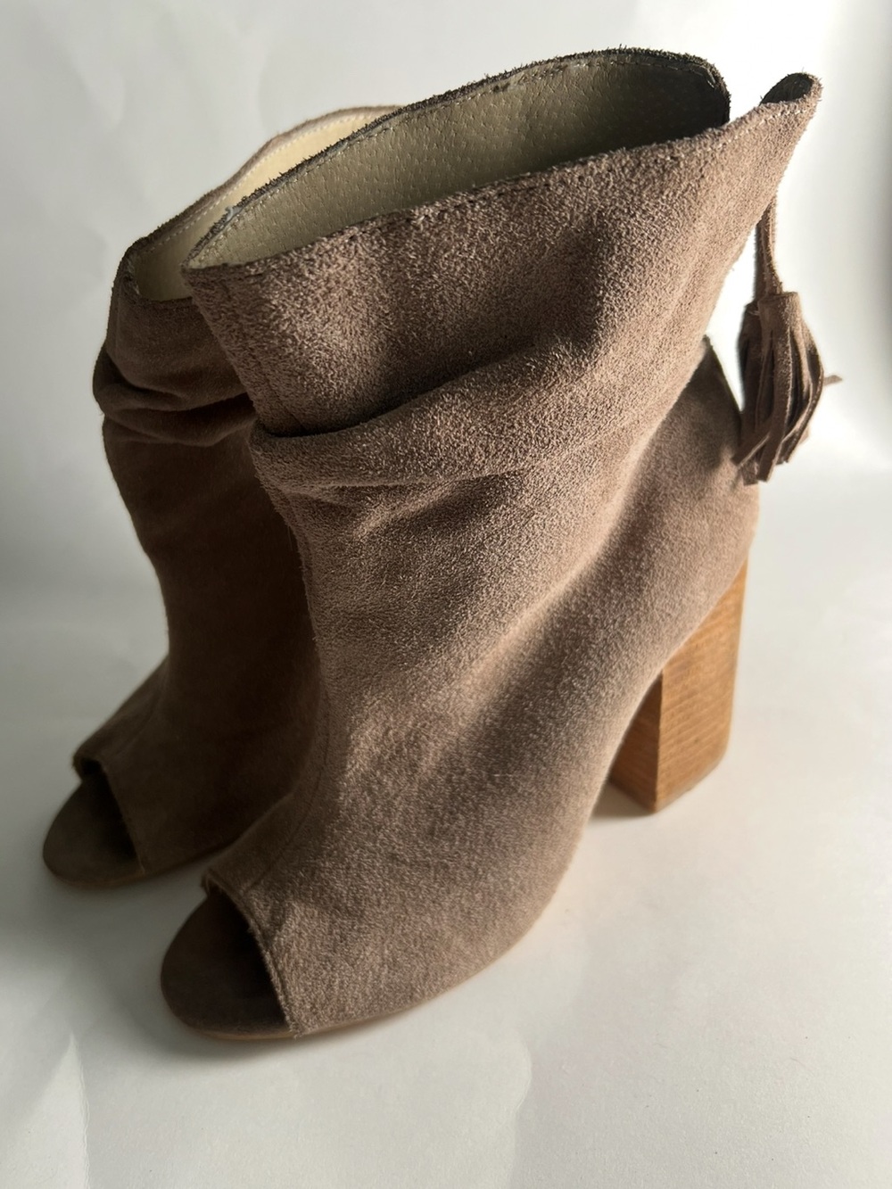 Aldo Women’s Taupe Suede Peep-Toe Block Heel Booties Size 7.5